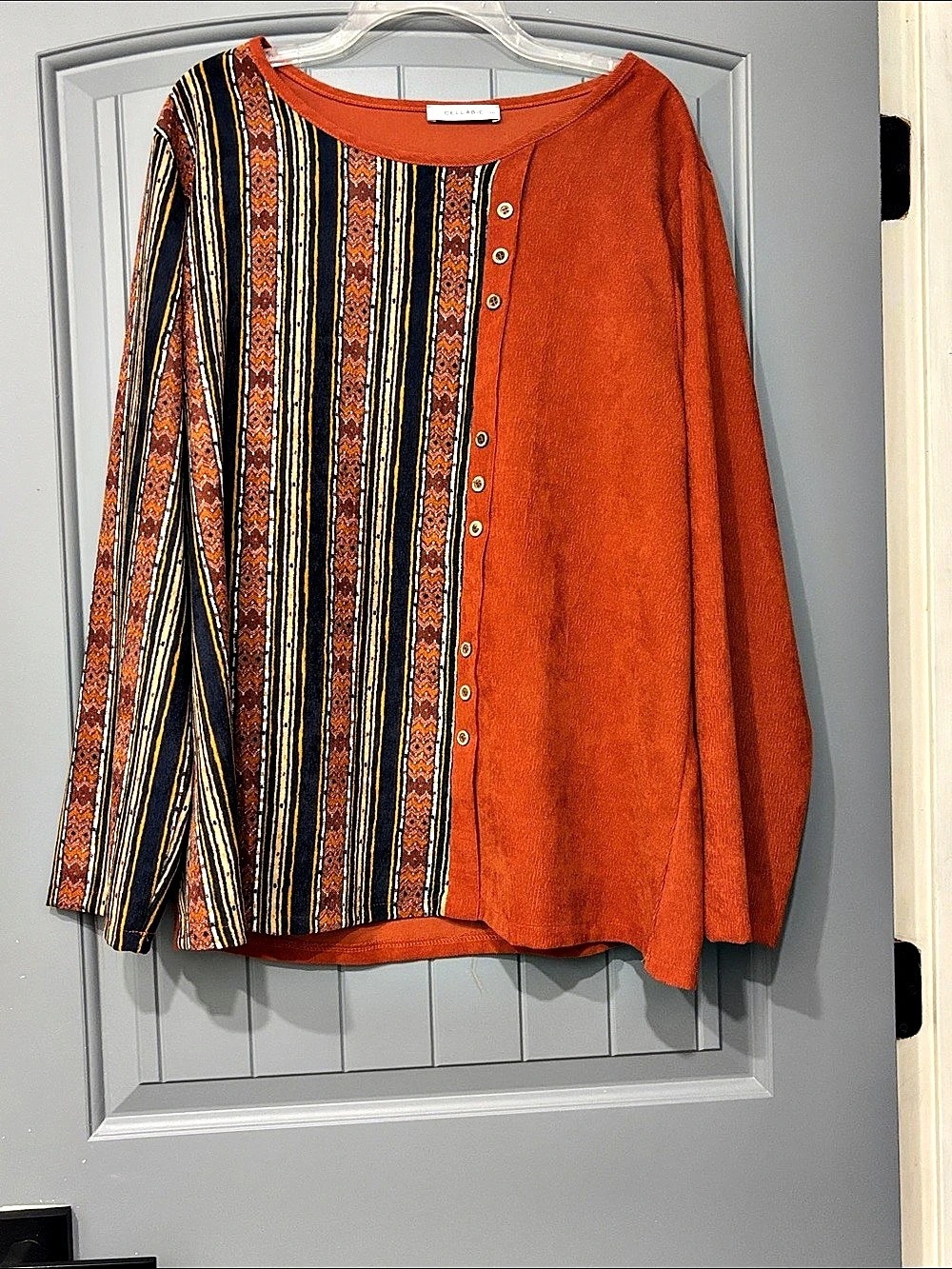 CELLABIE Striped burnt Orange & Blue Long-Sleeve Top. Light corduroy material.